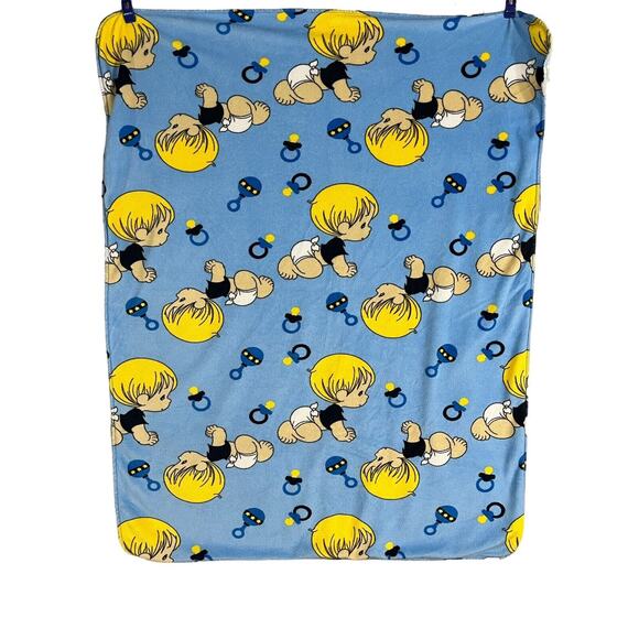 Precious Moments Blue Baby Blanket Blond Boy Crawling Rattle Minky Sherpa - Picture 1 of 5